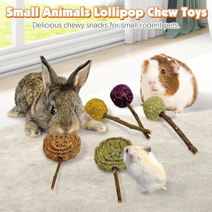 Fhiny Rabbit Chew Toys, 30 PCS Natural Bunny Lollipop Chew Sticks Handmade Guinea Pig Molar Treats for Teeth Small Animals Snacks for Guinea Pig Bunny Chinchilla Hamster Gerbil Teeth Care-Mewly Pet