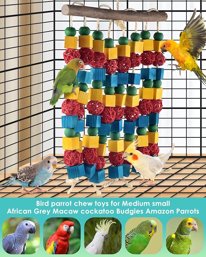 Large Parrot Toys, 17.7 inch Multicolored Natural Wooden Blocks Beads Rattan Balls, Bird Chew and Hanging Tearing Toys for Large Medium Birds Macaws African Grey Cockatoos Amazon Parrots-Mewly Pet