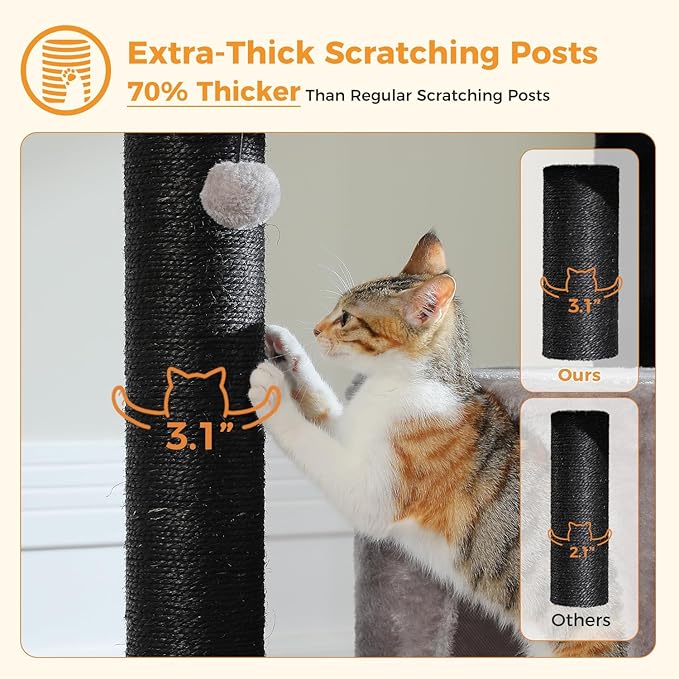 Large Cat Tree with Reinforced Scratching Posts (φ3.1in) for Big Adult Cats 30 lbs, 57.8" Heavy Duty Cat Tower with Larger Hammock and Condo, Cat Furniture for Maine Coon, Plush,Black-Mewly Pet