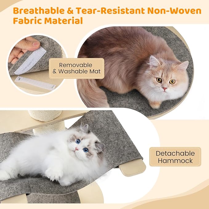 Tangkula Wood Cat Tree, 47 Inch Multi-Layer Cat Tower with 5.7” Thicker Sisal Covered Scratching Posts & Carpet, Padded Top Perch, 2 Jumping Platforms, Hammock, Modern Cat Tree Tower for Indoor Cats-Mewly Pet