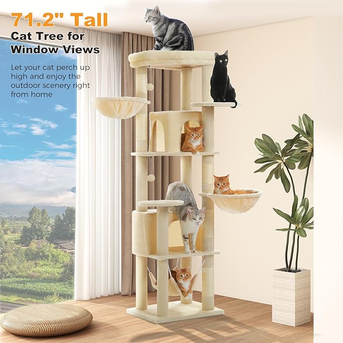 71.2" Tall Cat Tree for Indoor Cats - 9-Level Multi-Cat Tower w/5 Sisal Scratching Posts, 2 Condos, 3 Hammocks, Perch & Pom Poms - Heavy-Duty for Adult Cats, Space-Saving Plush Beige-Mewly Pet