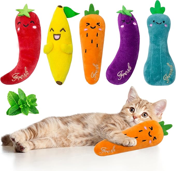 Catnip Toys for Indoor Cats, 5 Pack Cat Toys for Cats, Fluffy Catnip Toys for Chewing Playing, Interactive Kitten Toys, Catnip Filled Kitty Chew Teething Toys, Cat Chew Toys, Vegetable,5 pcs-Mewly Pet