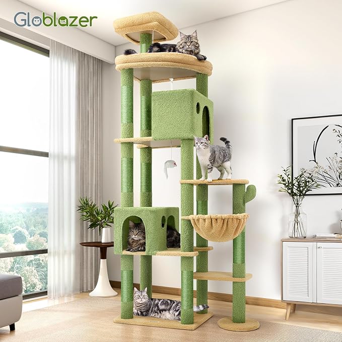 Globlazer Cactus Giant Cat Tree, 83 inch Cat Tree for Indoor Cats Large Adult, XXL Cat Tower with 9 Scratching Posts for 20lb+ Heavy Duty Large Adult Cats, F83, Green-Mewly Pet
