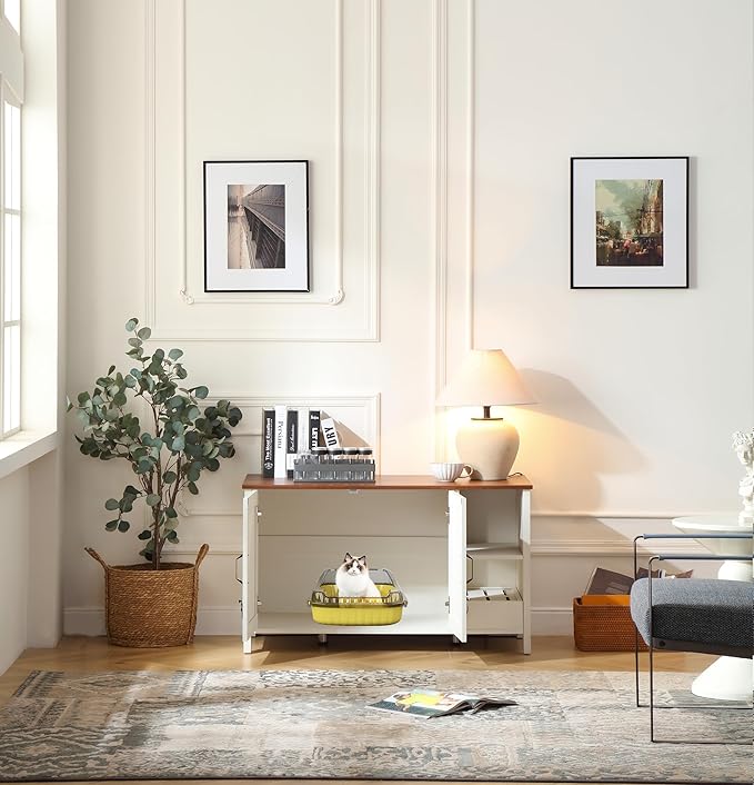 41.3'' Cat Litter Enclosure,Adjustable Shelf for Dog Proof and Storage,Locks Added for Cat, Litter Collector,Small Indoor Cat House,Antique White-Mewly Pet