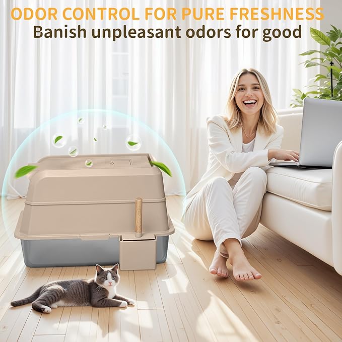 Stainless Steel Litter Box with Lid, XL Extra Large Cat Litter Box, Enclosed Metal Litter Pan with High Sided Enclosure & Scoop, Anti Leakage, Easy to Clean, Odor Control(Khaki)-Mewly Pet