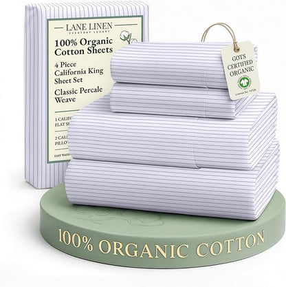 LANE LINEN 100% Organic Cotton Printed California King Sheets Set, 4-Piece All Season Fully Elasticized Deep Pocket Fits Mattress Upto 15", Mercerized Printed Cal King Sheet Set -Ticking Stripe Blue