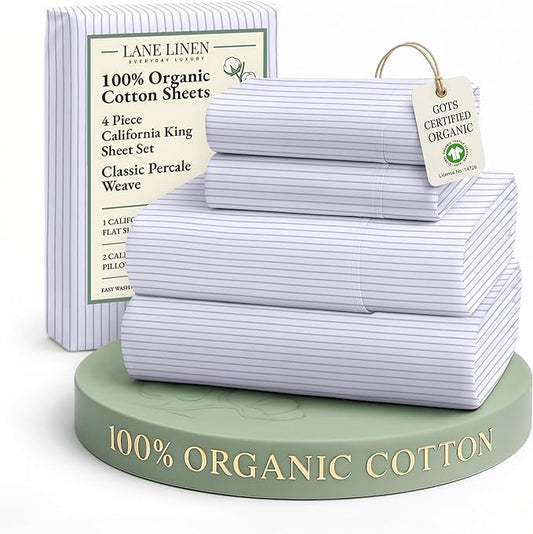 LANE LINEN 100% Organic Cotton Printed California King Sheets Set, 4-Piece All Season Fully Elasticized Deep Pocket Fits Mattress Upto 15", Mercerized Printed Cal King Sheet Set -Ticking Stripe Blue