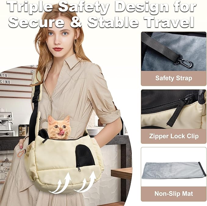 Cat Sling, Dog Carrier Sling for Kitten and Puppy up to 8.8 lbs, Breathable Cats Carrier Pouch Pet Purse with Soft Mat, Hands-Free Pet Carrier with Safety Harness and Pockets for Travel, Yellow-Mewly Pet