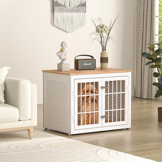 32" Heavy Duty Dog Crate Furniture for Small and Medium Dogs, Metal Kennel for High Anxiety Dogs, Chew Proof Pet Cage Indoor, Decorative Dog Kennel End Table, White-Mewly Pet