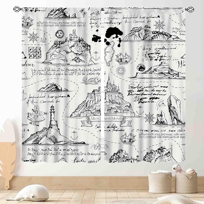 Vintage Nautical Curtains, Marine Coastal Sailboat Compass Anchor Ocean Beach Old Pirate Map Retro Window Drapery Treatments for Bedroom Living Room Kitchen Bathroom 2 Panels, 42"x63" Inch