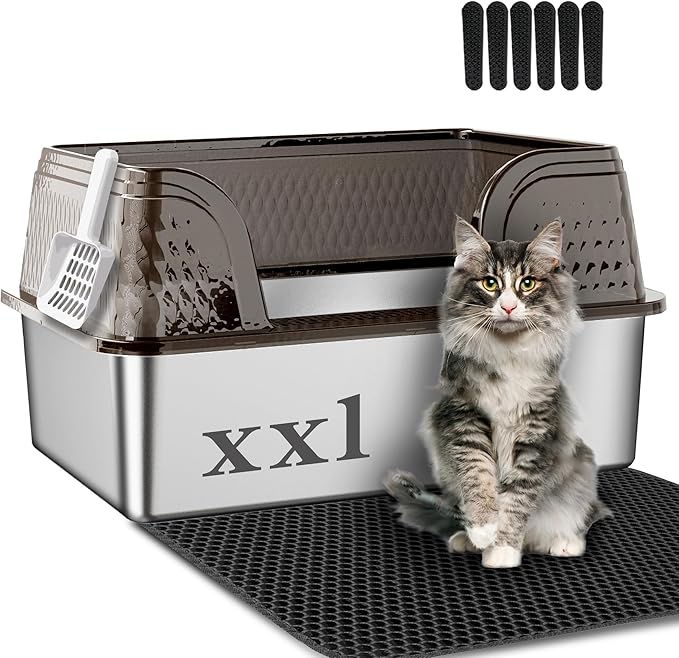 Suhaco Extra Large Stainless Steel Litter Box with Lid XXL High Sided Cat Litter Boxes Included Litter Mat & Litter Scoop Anti-Urine Leakage Metal Pet Toilet for Big Cats (Black XXL)-Mewly Pet