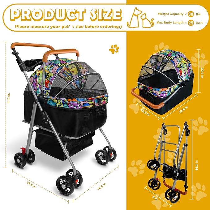 Pet Stroller with Storage Basket and Cup Holder, Folding Dog Jogger, Foldable Cat Stroller, 3 in 1 Puppy Kitten Cart, Pet Jogger for Medium Dog Cat (Magic Black)-Mewly Pet