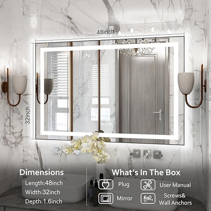 48"x 32" LED Bathroom Mirror with Black Frame, Bathroom Mirror with Lights Front and Backlit, Lighted Mirror Stepless Dimmable, Anti-Fog, Memory, LED Vanity Mirror with Lights 3 Colors