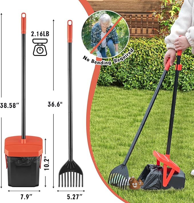 TIMINGILA 36" Pooper Scooper Swivel Bin & Rake with 100 Dog Poop Bags,Adjustable Long Handle for No-Bend Cleanup,Portable Non-Breakable Dog Poop Scooper for Large Medium Small Dogs-Mewly Pet