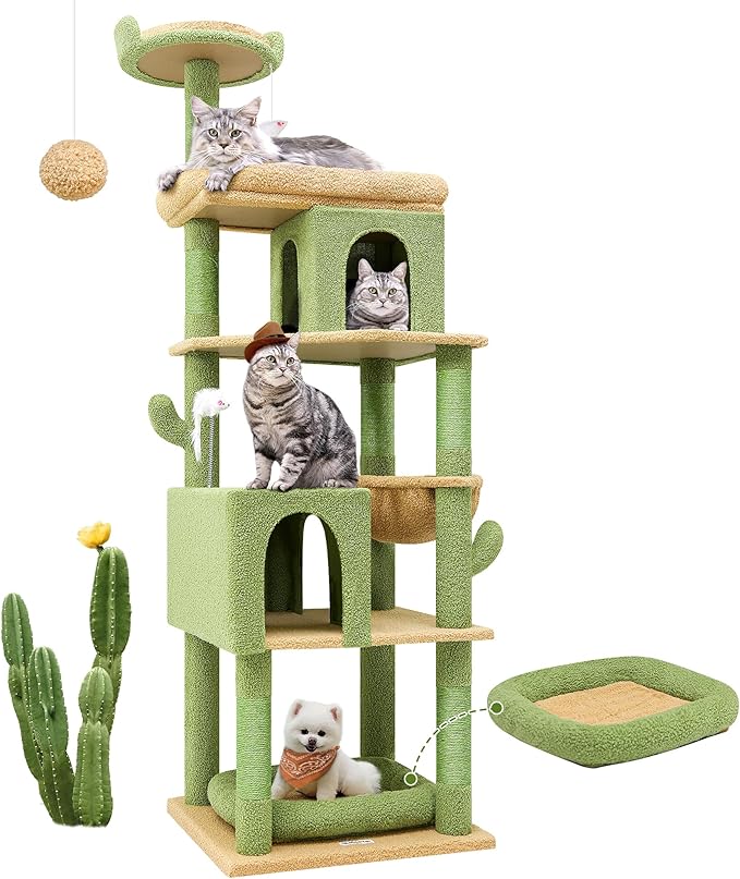 Globlazer Heavy Duty Cactus Cat Tree for Large Cats, Sturdy 72in Maine Coon Cat Tree for Large Cats 20 lbs+ Cactus Cat Tower for Adult Biggest Cats with 6 Scratching Posts, Hammock, S72, Green-Mewly Pet
