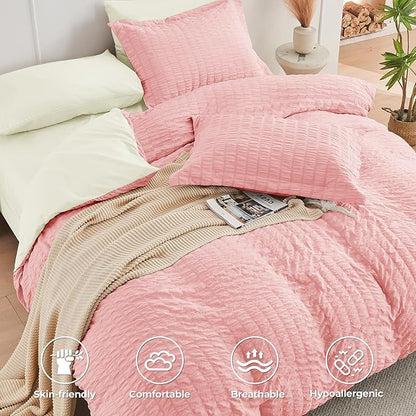 HYMOKEGE Pink/Ivory Twin Comforter Set Seersucker 5 Pieces, All Season Luxury Bed in a Bag for Bedroom, Bedding Set with Comforter, Sheets, Pillowcase & Sham