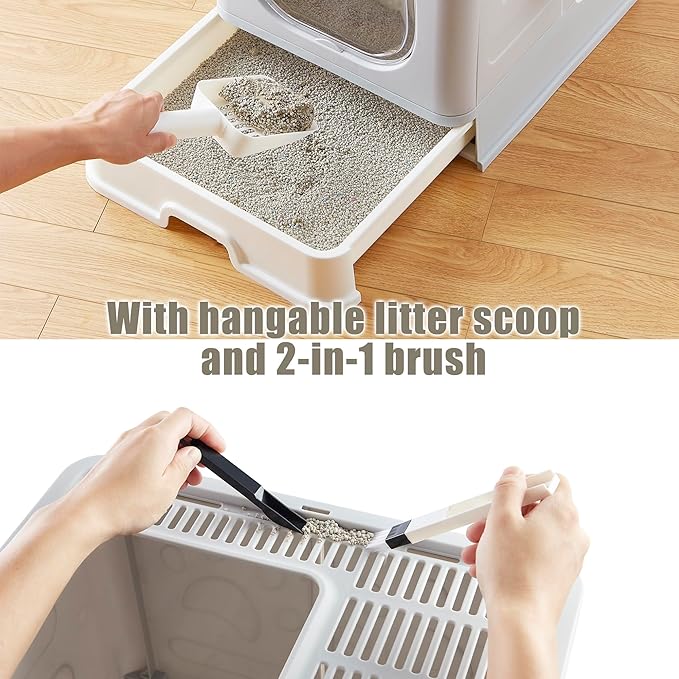 Gefryco Litter Box with Lid for Small to Medium Cats, Enclosed Cat Litter Box with Cover，High Sided Top Entry Cat Box with Brush and Scoop, Cute Kitty Litter Pan with Drawer for Growing Kittens(Grey)-Mewly Pet