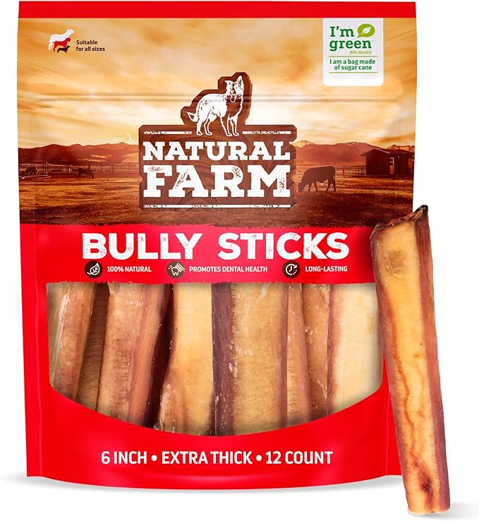 Natural Farm Odor Free Jumbo Bully Sticks (6 Inch, 12 Pack), Extra-Thick Dog Treats – Fully Digestible 100% Beef Treats, Natural Dental Chews – Keep Your Dog Busy with 50% Longer Lasting Chews-Mewly Pet