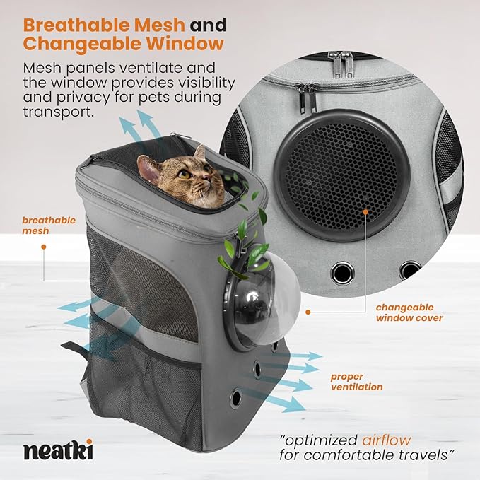 Cat Backpack Carrier, Airline Approved, Space Capsule Bubble Design, Ideal for Cats & Dogs up to 28-35 lbs, with Strong Straps, Safety Zippers, Mesh, Comfortable for Hiking & Travel (Grey)-Mewly Pet