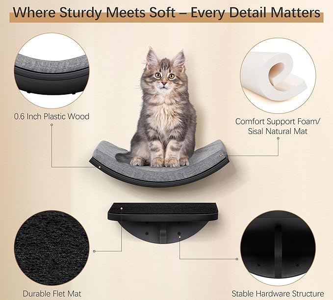 2-Piece Cat Wall Steps with Grey Felt Pads, Floating Cat Wall Perches and Climbing Steps, Wall Mounted Shelf for Small and Large Cats-Mewly Pet