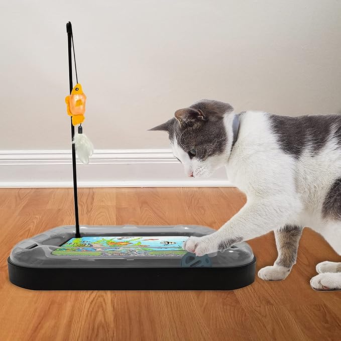 Cat Scratching Toy with Scratcher Board and Fish Aquarium Design, Fun and Exciting Catnip Cat Toy, Floppy Fish Toy with Feathers and Catnip Included-Mewly Pet