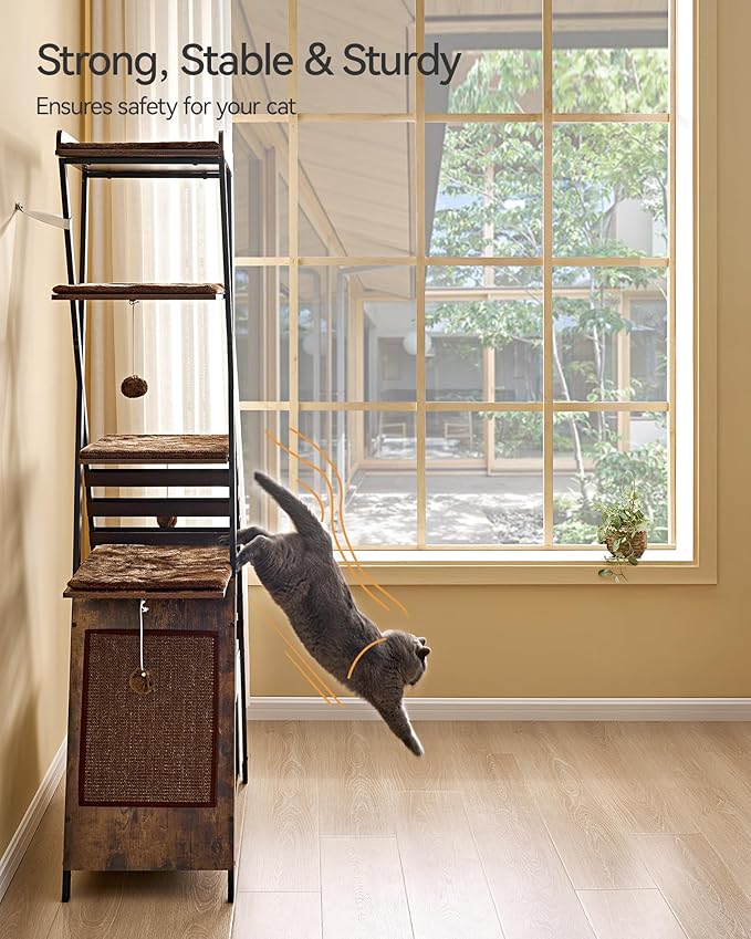 FourFurPets 72.4" Modern Cat Tower for Indoor Cats - Multi-Level Condo With Caves, Tall Tree With Scratching Board, Wooden Tower With Large Perch, Removable Pads, Rustic Brown-Mewly Pet