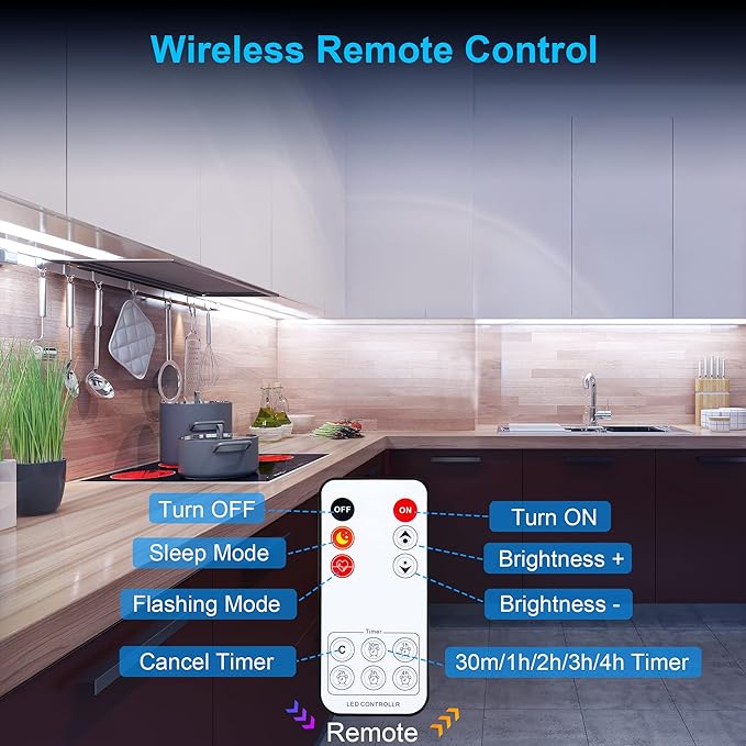 LAFULIT 8 PCS Under Cabinet Lighting Kit, Bright Under Cabinet Lights, Flexible Led Strip Lights with Remote and Power Adapter, for Kitchen Cabinets Shelf Desk Counter, 6000K Daylight White, 13ft