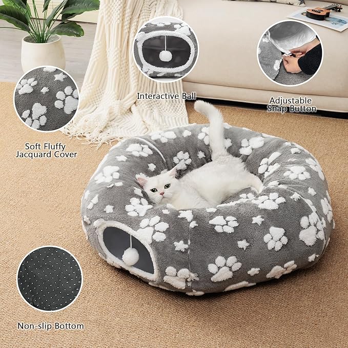 Cat Tunnel for Indoor Cats, Cute Peekaboo Cave with Dangling Balls, Pet Donut Tunnel Bed with Circle Mat for Puppy Kitten Rabbit, Grey-Mewly Pet