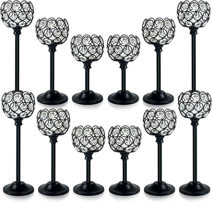 12pcs Bulk Crystal Candle Holders Set, 3 Sizes Tealight Candlestick Holders for Wedding Table Centerpiece, Fireplace Candelabra, Home Decor – Black (Kehail)