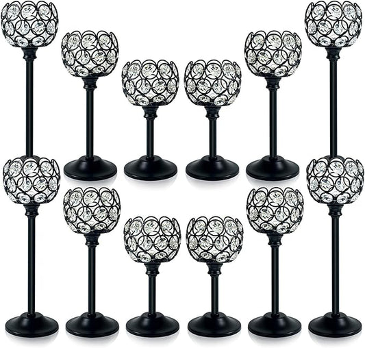 12pcs Bulk Crystal Candle Holders Set, 3 Sizes Tealight Candlestick Holders for Wedding Table Centerpiece, Fireplace Candelabra, Home Decor – Black (Kehail)