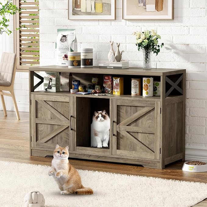 Cat Litter Box Enclosure for 2 Cats, 47" Double Hidden Litter Box Furniture with Scratch Pad, Farmhouse Indoor Litter Box Cabinet Cat Washroom, Grey-Mewly Pet