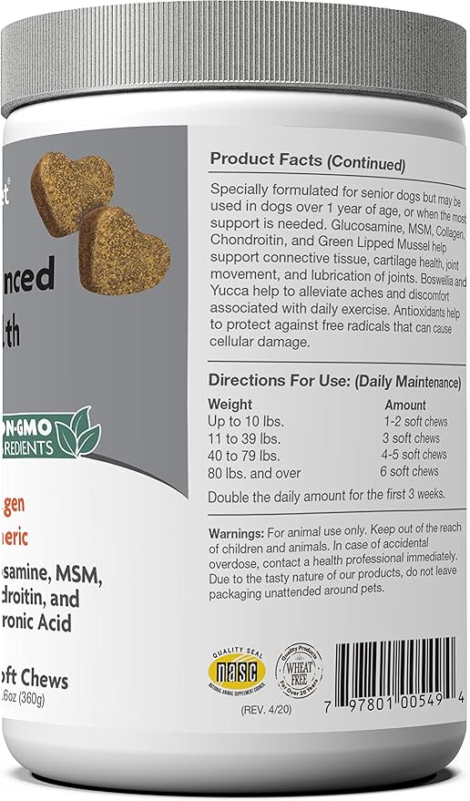 NaturVet Senior Advanced Joint Health Dog Supplement – Includes Glucosamine, MSM, Chondroitin, Collagen – Helps Supports Canine Joint Health Function – 120 Ct. Soft Chews-Mewly Pet