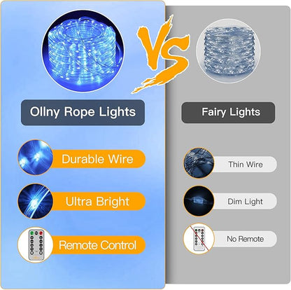Ollny Rope Lights 33FT 100 LED, USB Multicolor String Lights with Remote, 8 Modes IP68 Waterproof Timer Christmas Lights for Indoor Outdoor Bedroom Party Christmas Decorations
