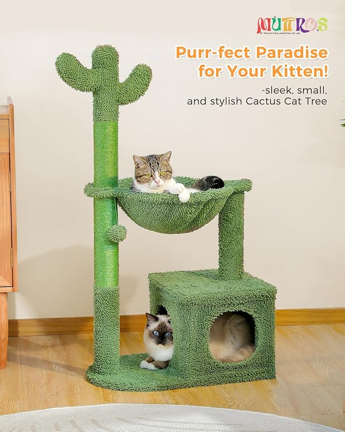 Cactus Cat Tree 40" Cat Tower with Large Metal Carpet Hammock, Cat Scratching Post for Indoor Cats with Condo & Replaceable Toy Ball, Green-Mewly Pet