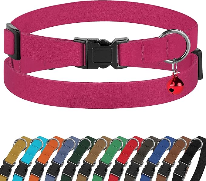 Breakaway Cat Collar Leather with Removable Bell - 13 Colors Available - Soft Adjustable Girl Boy Safety Lightweight Pet Kitten Collars Pink Brown Blue Green Red Orange Black (Pink)-Mewly Pet