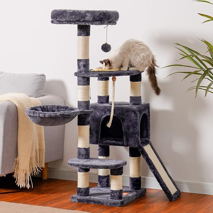 Heybly Cat Tree, Cat Tower for Indoor Cats with Scratching Board, Multi-Level Cat Furniture Condo with Feeding Bowl Smoky Gray HCT010SG-Mewly Pet