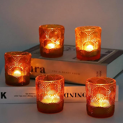 Woho 12Pcs Amber Votive Candle Holders, Glass Amber Candle Holder for Fall Wedding, Boho Tea Lights Candle Holder for Halloween Thanksgiving Centerpieces Table Decoration