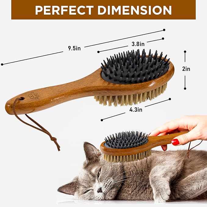 TAKAVU Short Hair Dog & Cat Deshedding Brush - Double Sided Grooming Tool with Silicone Massage & Bristle Sides - Removes Loose Fur & Dirt - Wood Handle-Mewly Pet