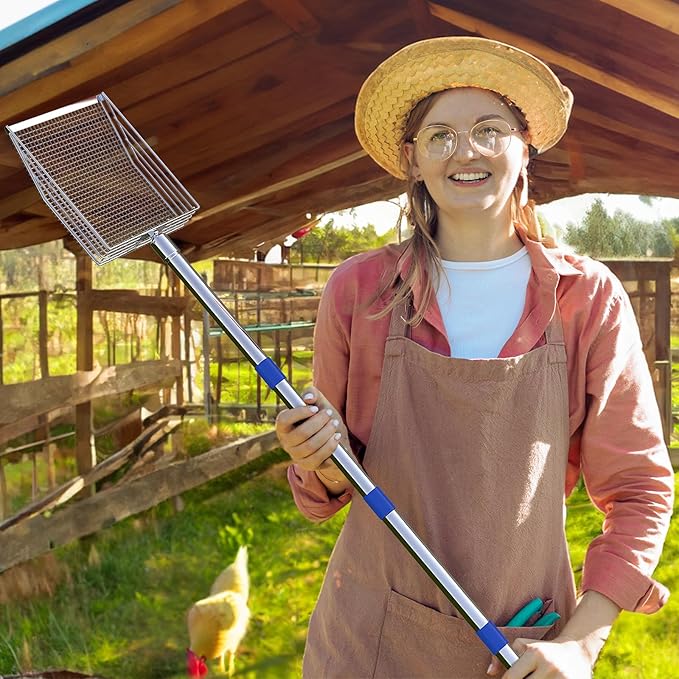 Chicken Poop Scooper, 304 Stainless Steel Shovel Head, 4-in-1 Chicken Litter Scoop with Handle for Chicken Coop & Pet Waste Cleaning, Multifunctional Litter Sifting Shovel(20 to 49")-Mewly Pet