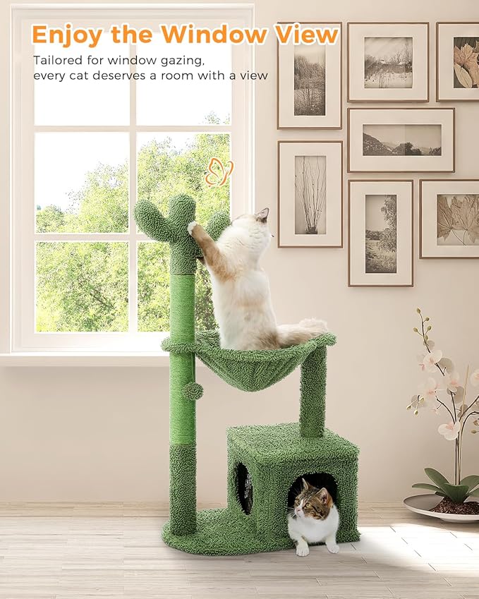 Cactus Cat Tree 40" Cat Tower with Large Metal Carpet Hammock, Cat Scratching Post for Indoor Cats with Condo & Replaceable Toy Ball, Green-Mewly Pet