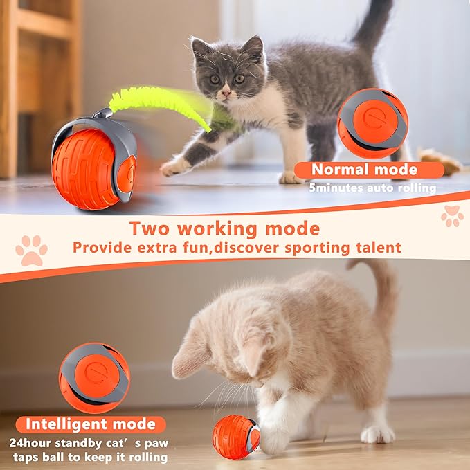 Cat Toys,Interactive Cat Toys Ball for Bored Indoor Cat,Automatic Rolling,Drop Resistant and Obstacle Avoidance,2 Modes Adjustment,Fluffy Tail and USB Type-C Rechargeable（Orange）-Mewly Pet
