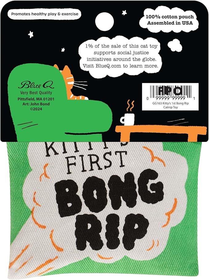 Blue Q Kitty's First Bong Rip Catnip Cat Toy. Premium Organic Catnip Grown in The USA, 100% Cotton Pouches, Kitty Graphics Sure to Delight Every Cat-Keeper.-Mewly Pet