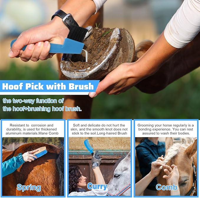 Abbylike 12 Pieces Horse Grooming Kit Racing Festival Tack Room Supplies Horse Brush Sets Equine Care Cleaning Kit Shedding Grooming Massaging Tools(Blue)-Mewly Pet