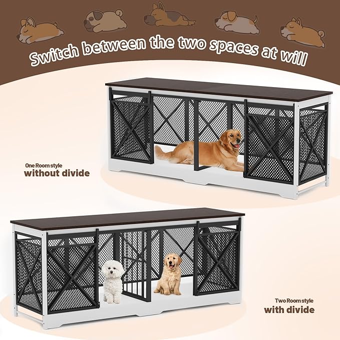 COZPAW 78 Inch Double Dog Crate Furniture, Extra Large Dog Kennel Indoor for Medium Large 2 Dogs, Heavy Duty Dog Cage Chew-Resistant Steel and Wooden Pet House with Removable Divider (White Brown)-Mewly Pet