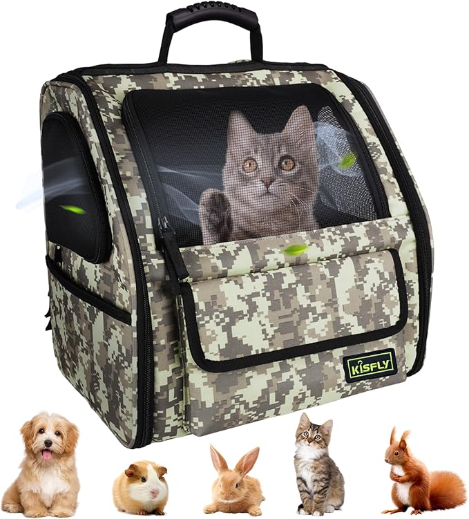 Collapsible Cat Backpack Carrier, Dog Backpack Carrier for Small Dogs Cats Up to 12 Lbs, Three-Sided Breathable Pet Backpack with Soft Padded, Designed for Outdoor and Travel Use, Camo-Mewly Pet