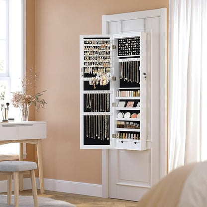 SONGMICS 6 LEDs Mirror Jewelry Cabinet, 47.2-Inch Tall Lockable Wall or Door Mounted Jewelry Armoire Organizer with Mirror, 2 Drawers, Christmas Gift, 3.9 x 14.6 x 47.2 Inches, White