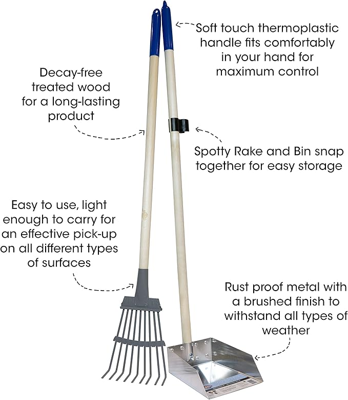 Wood Handle Pooper Scooper Durable Solid Metal Poop Tray with Rake 36.75" Long Handled Scoop | Great for Large or Small Dogs | No Assembly Required | Better for The Environment Than Plastic-Mewly Pet