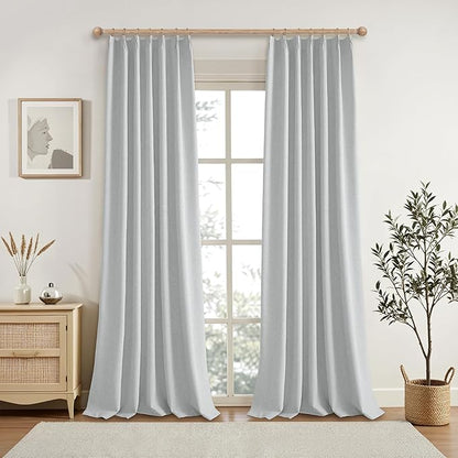 KangBang Grey Black Out Linen Curtains 96 Inches Long, Pinch Pleated Blackout Drapes for Living Room Office with Hooks Track System, Aesthetic Boho Vertical Home Decor(2 Panels,42Wx96L, Light Grey)