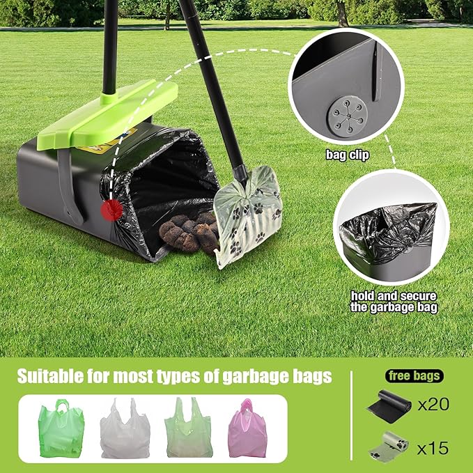 Pooper Scooper Swivel Bin & Rake Kit with 35 Bags – 46" Long Handle Heavy Duty Dog Poop Scooper with Bag Attachment, Yard Pet Waste Cleanup Tool for Large Medium Small Dogs-Mewly Pet