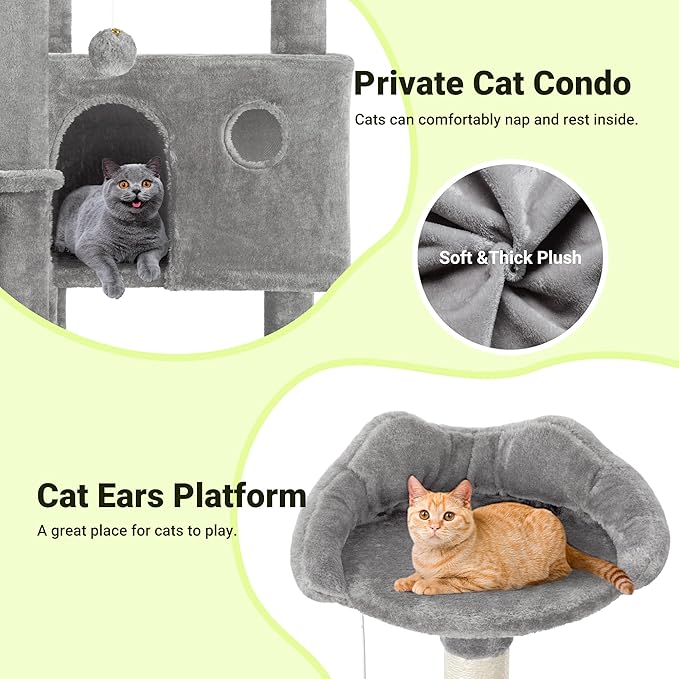 Allewie 64 Inches Cat Tree Tower/Multi-Level Activity Center for Indoor Big Felines/2 Plush Condos/2 Perchs/Basket/House/Sisal Scratching Posts/Hanging Cat Toys/Grey-Mewly Pet